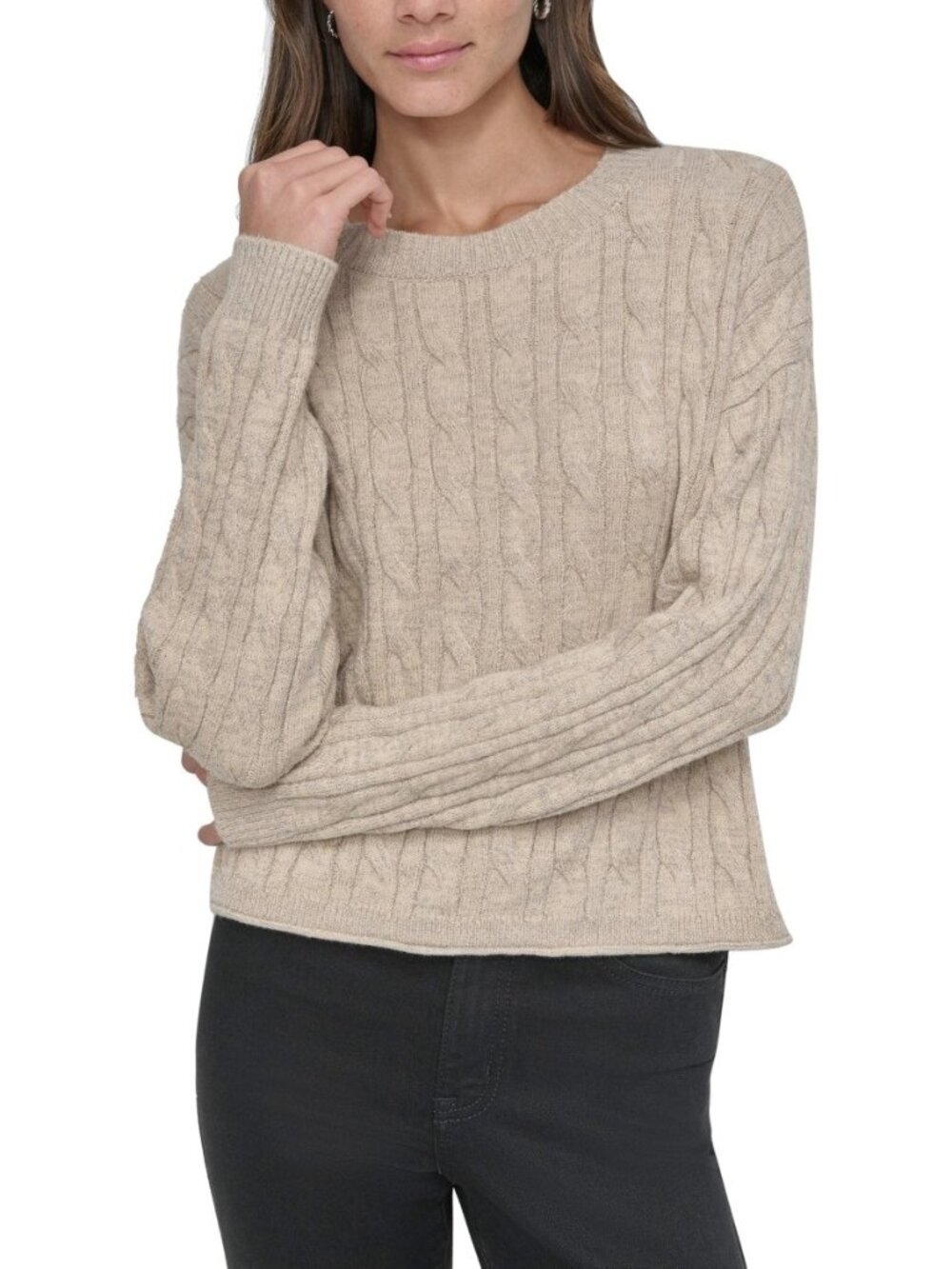 DKNY Women's Size S Crew Neck Cable Knit Khaki Silver Sweater NEW